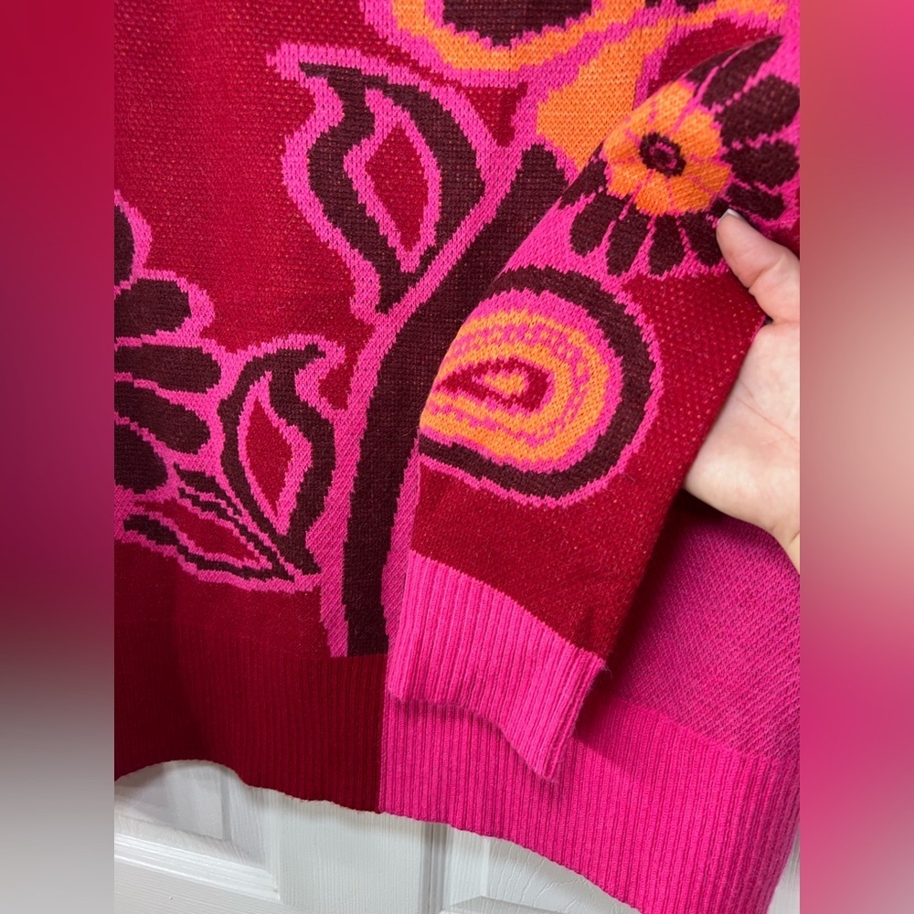 Farm Rio Vibrant Floral Cable Knit Sweater Pink Botanical Print Size Medium - Picture 5 of 13